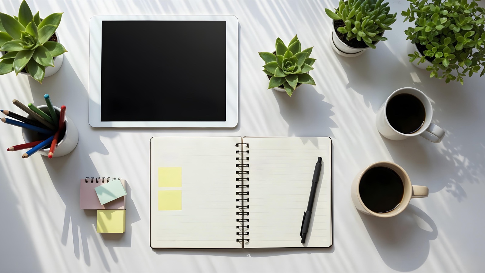 Not alma uygulamaları için tablet, defter, kalem ve kahve bulunan sade çalışma masası